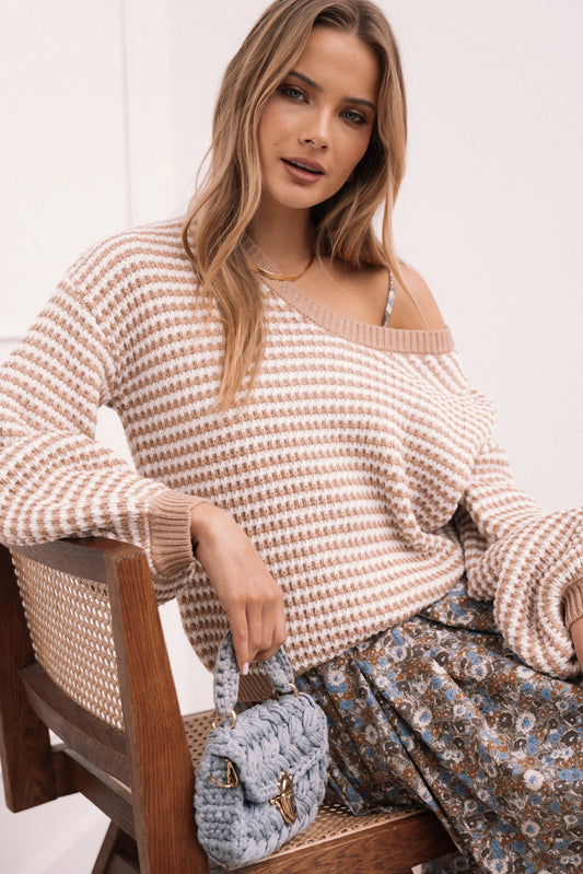 Waffle-Stitch Striped Crewneck Sweater
